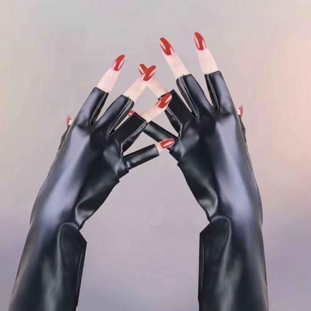 Fleece Lined Fingerless Gloves Black PU Leather Gloves Cool Half Finger Mittens Dance