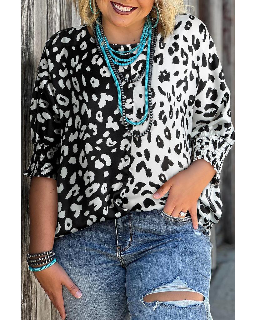 Azura Exchange Черная блузка большого размера с контрастным леопардовым принтом и короткими рукавами
