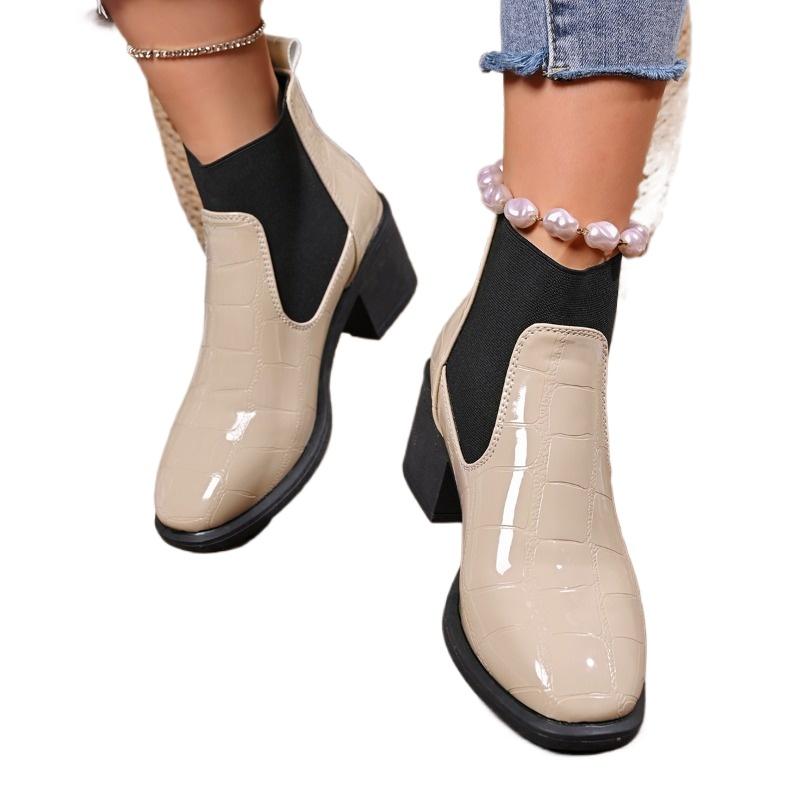 Ботильоны смешанных цветов, современные ботинки на квадратном каблуке, зимние, без застежек, 2024, горячая распродажа, женская обувь, квадратный носок, средний каблук, женские ботинки для шитья