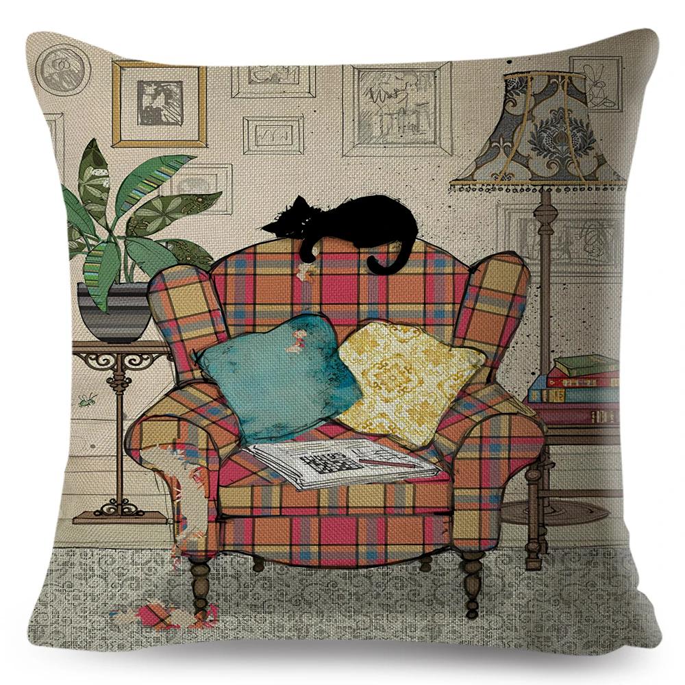 Милый Элегантный Чехол для Подушки с Черным Котом, Двусторонняя Печать, Декор, Мультяшный Животный Наволочка для Дивана, Дома, Автомобиля, Льняная Наволочка для Подушки