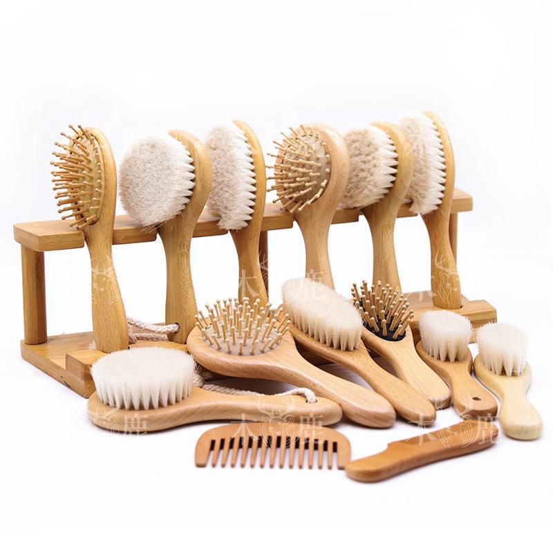 Beechwood Infant Hair & Bath Brush Set: Detangling, Massage, Air Cushion Brush & Flat Comb.