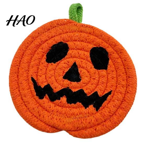 Pumpkin Shaped Kitchen Mats Halloween Cotton Rope Coaster, Handwoven Placemat with Funny Face, Iron Woven Table Protectors Craft Mat for Mug