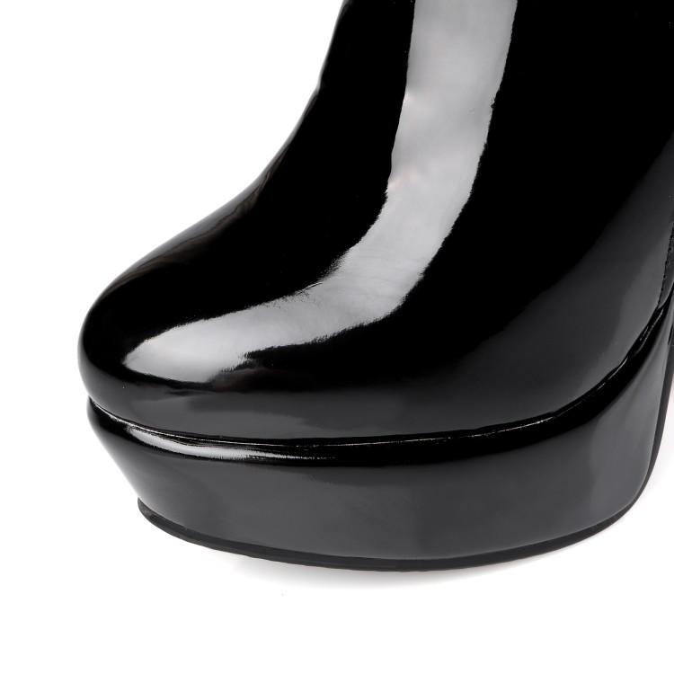 Сексуальные женские сапоги на очень высоком каблуке выше колена из лакированной кожи с красной молнией на платформе, длинные сапоги