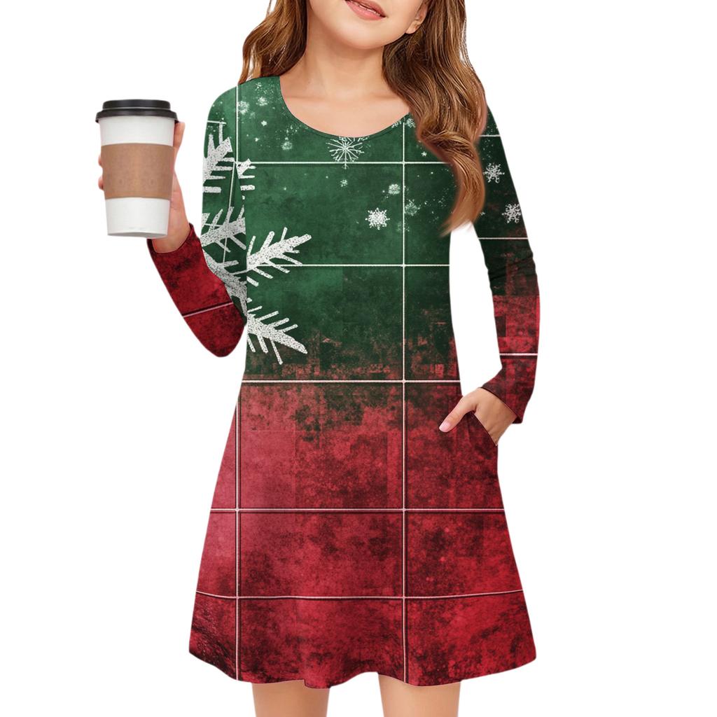 Christmas Day Girls' Long Sleeve Dress - Color Pocket Dress