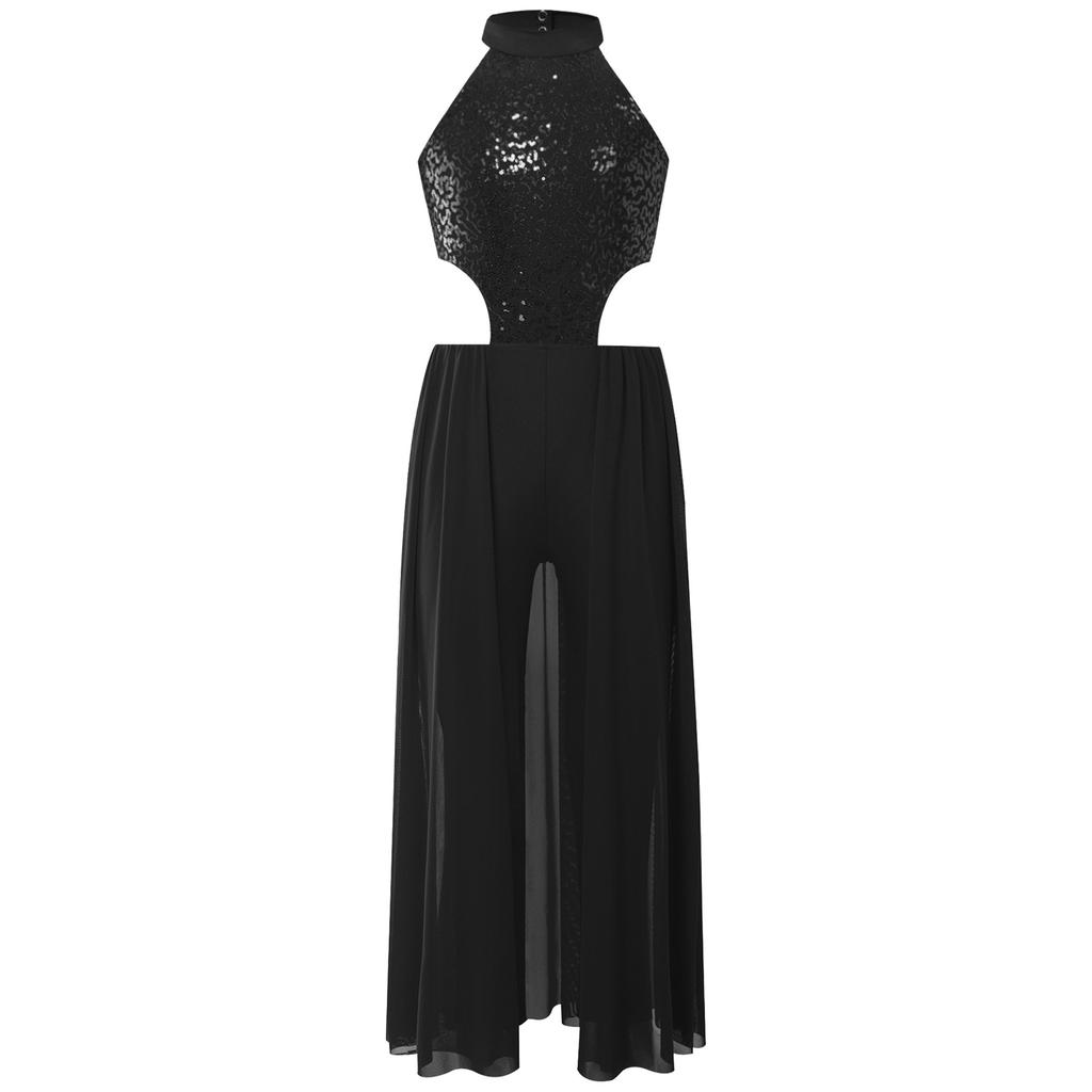 Девочки Блестящие Пайетки Халтер Без рукавов С открытой спиной Юбка Комбинезон Латиноамериканский Танец Костюм для выступления