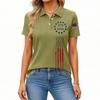 Women’s Short Sleeve Polo Shirt with Printed Flag Design Button Front Collar Casual Fit Top for Everyday Wear