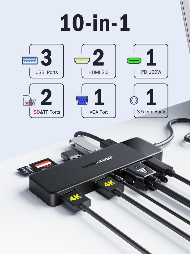 Док-станция USB C HDMI 2 Dual HDMI 3 Расширение экрана Док-станция Type C 4K USB C Hub HDMI Triple Display PD100W Быстрый кард-ридер Совместимость с MacBook