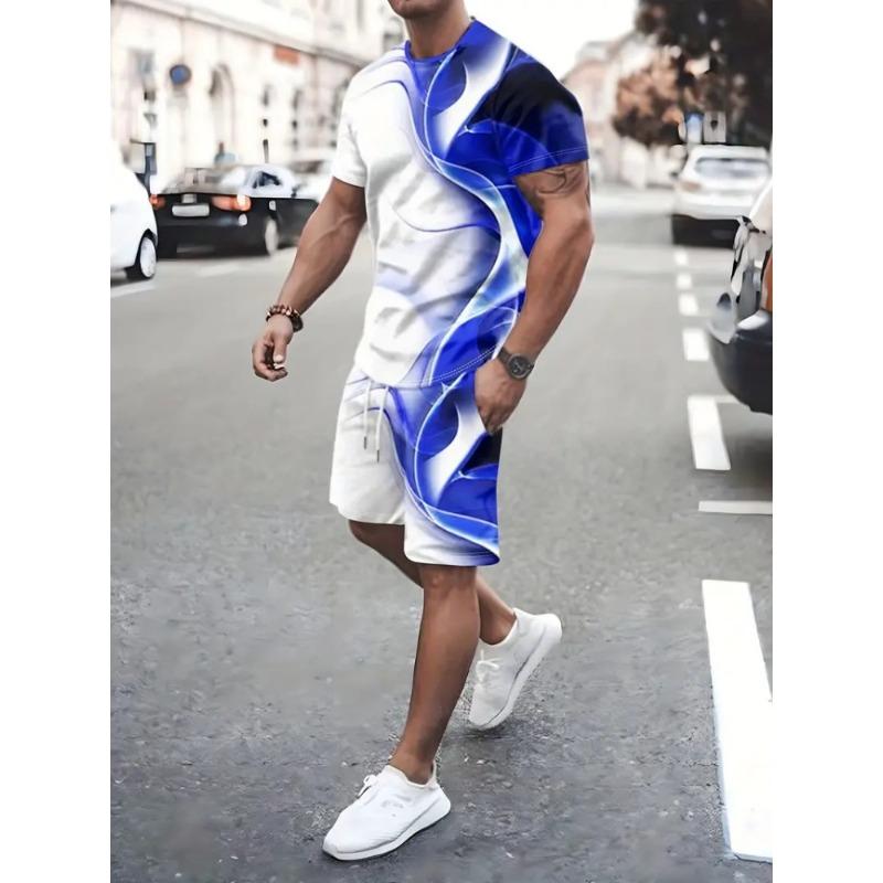 2025 Urban Street Trend Men's Suit Summer Casual Short Sleeve Shorts 2 Pieces Unique Geometric Print Outdoor Casual