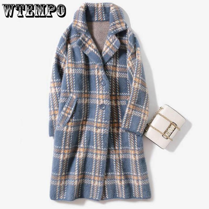 Женские пальто и куртки Модные женские клетчатые двубортные шерстяные пальто Женские пальто