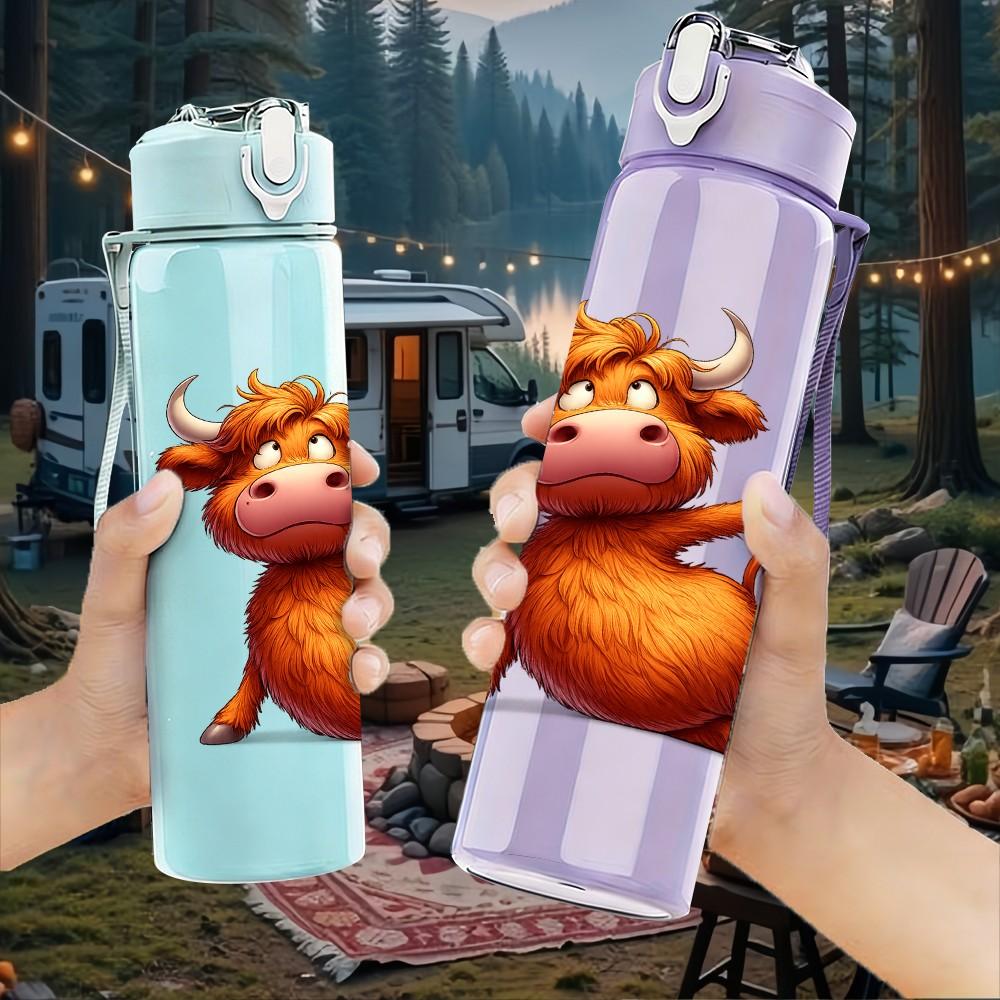 1PC Funny Bull Cow Cartoon Animal Print 750ml Color Plastic Sports Water Bottle Leakproof Flip Straw Lid Suitable for Sports Office Home Use