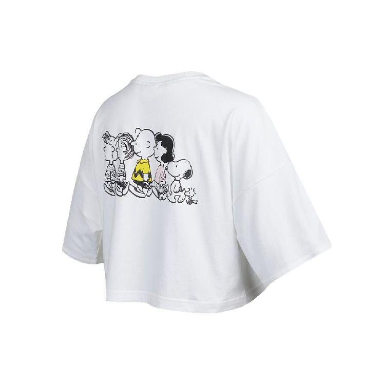 Puma Короткая свободная футболка с круглым вырезом и вышитым логотипом Peanuts Collaboration, женские топы с героями мультфильмов, белые 531158-02