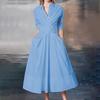 Women Solid Color Mid-rise Shirt Dress V-Neck Long Sleeve Belt Buttons Half Placket Pockets Loose Hem Midi Dress Workwear