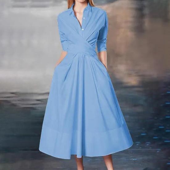 Женское однотонное платье-рубашка со средней посадкой, v-образным вырезом, длинными рукавами, поясом, пуговицами, полупланками и карманами, свободное подол, платье миди, рабочая одежда