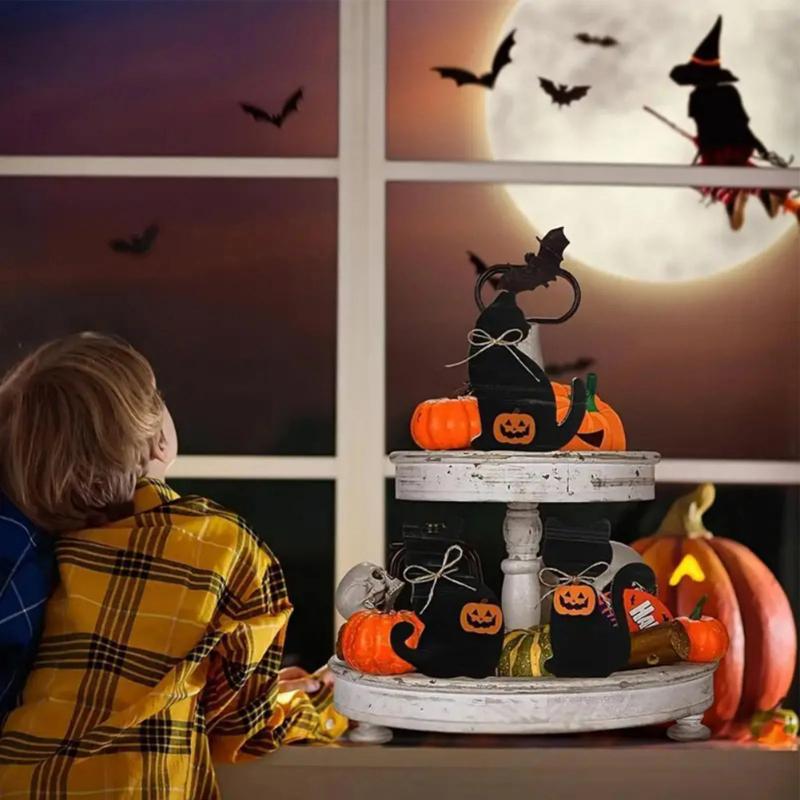 Halloween Black Cat Wood Table Cards Tiered Tray Decorations Rustic Halloween Tabletop Block Signs Fall Centerpieces Home Desk