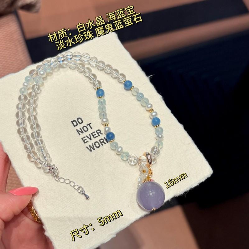 Handmade Natural White Quartz Aquamarine Large Devil Blue Fluorite Sunflower Pendant Necklace Women Fashion Daily Wear