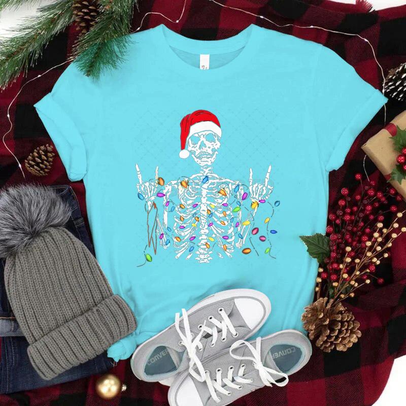 Christmas Skeleton Shirt Funny Lights Skull TShirts for Unisex Unisex Classic Street Style Tops Tees Xmas Santa Hat Skull Clothes