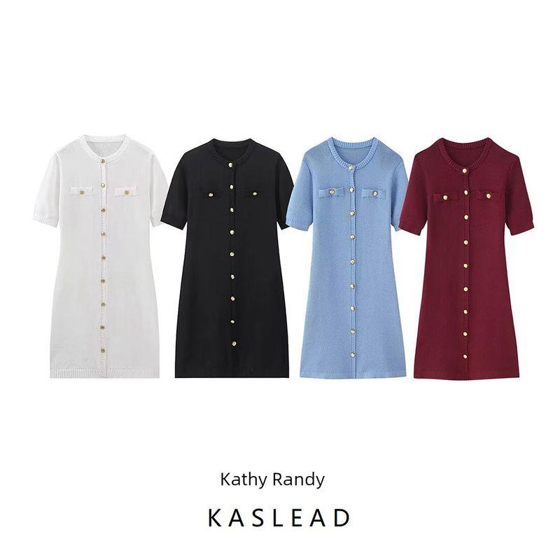 Kaslead New Arrival Women's Clothing Fashion Style Fashion Minimalist Two-Color Knitting Short Sleeve Button Dress Sweater