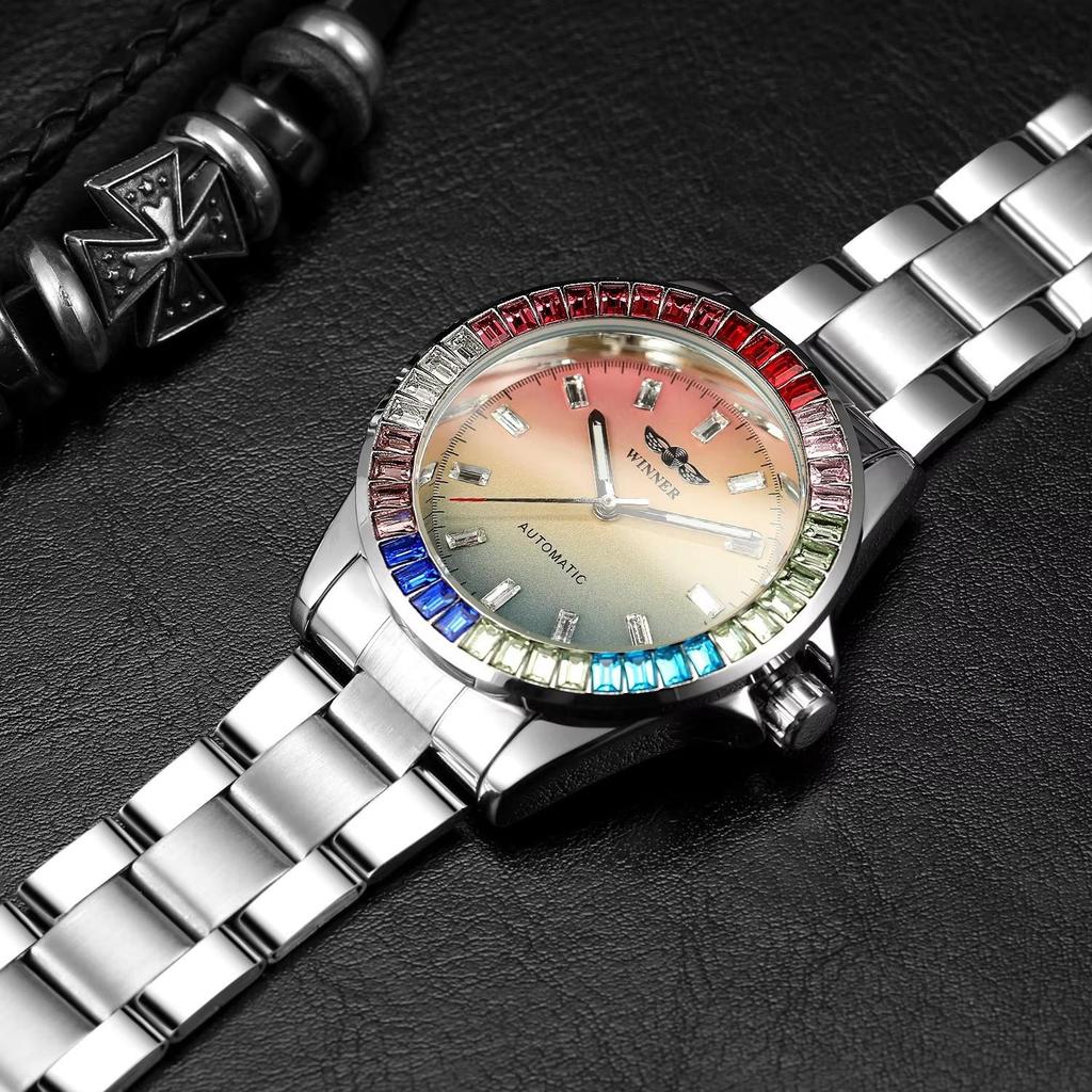Модные цветные бриллиантовые часы для мужчин, полностью автоматические механические часы, стальной ремешок для мужских наручных часов, модный циферблат с рисунком в технике тай-дай