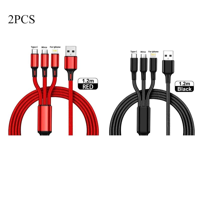 1-4Pcs 3 In 1 USB Charger Fast Charging Cable Type C Micro IOS Multi Charger Cable for iPhone Huawei Samsung Nylon Braided Cord