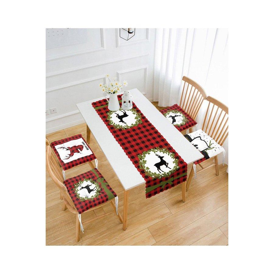 Набор подушек для стула с новогодним тематическим принтом оленя / 4 квадратных подушки для стула 40×40 см и 1 дорожка