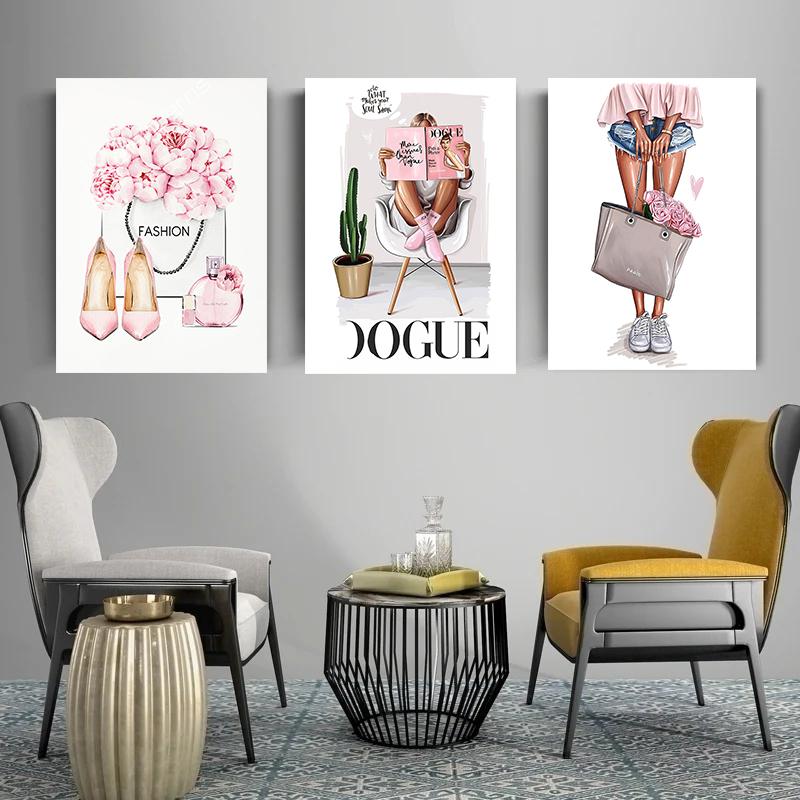 Современное искусство Цветочные женские туфли на высоком каблуке Картина на холсте Минималистичные модные постеры и принты Настенное искусство для украшения комнаты для девочек