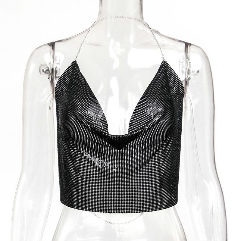 WTEMPO Party Metal Metallic Cropped Tops Women Beach Halter Corset Tops Glitter Night Club V-neck Sleeveless Tank Tops