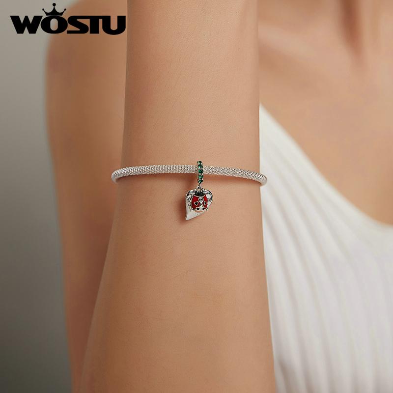 WOSTU Сияющий циркон, красная божья коровка и бирка в форме сердца, стерлинговое серебро 925 пробы, подвесные бусины, подходят к оригинальному браслету, подвеске, ювелирные украшения