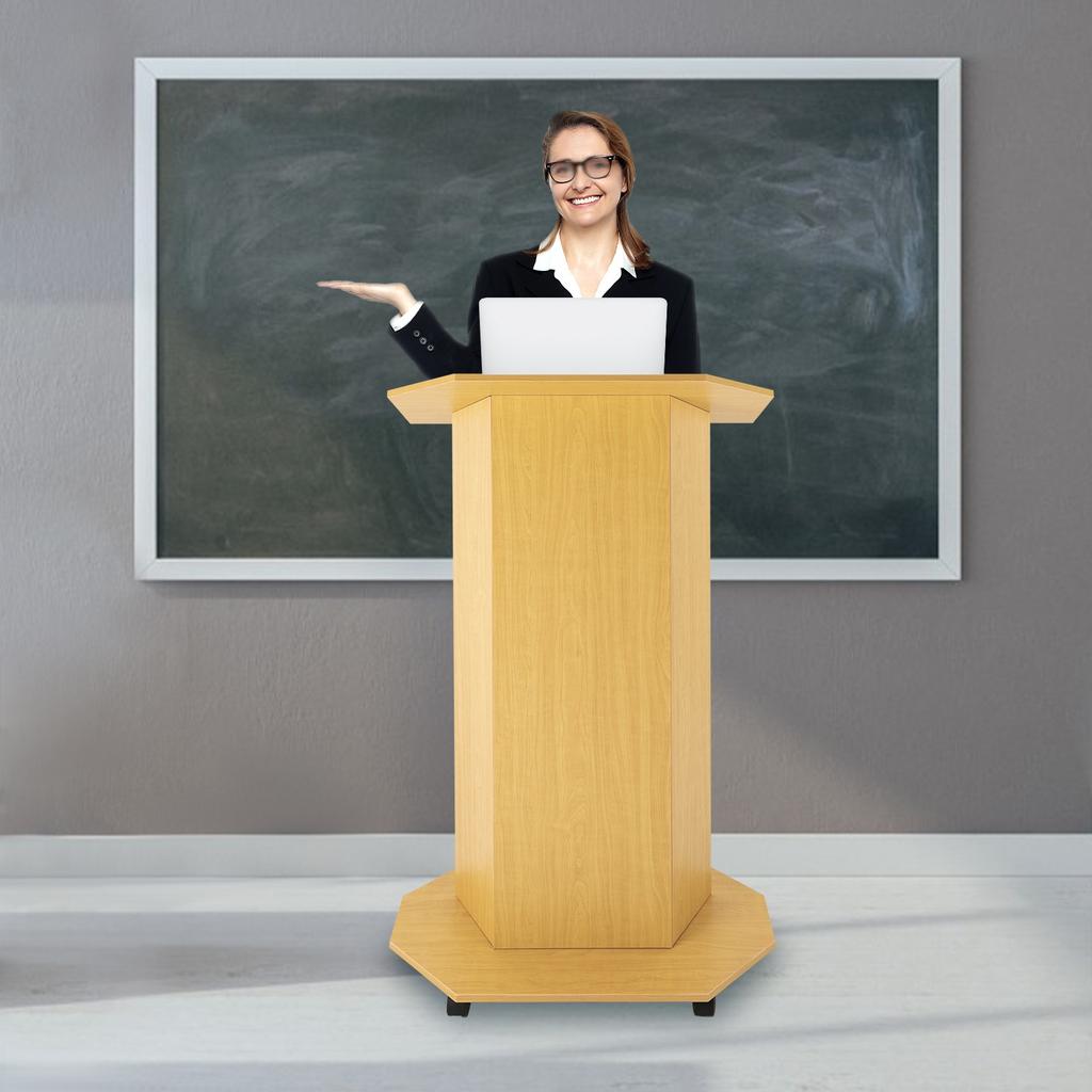 Modern Oak-Colored Wooden Lectern, Adjustable Presentation Stand for Classroom, Mobile Podium with Wheels, 30kg Load Capacity