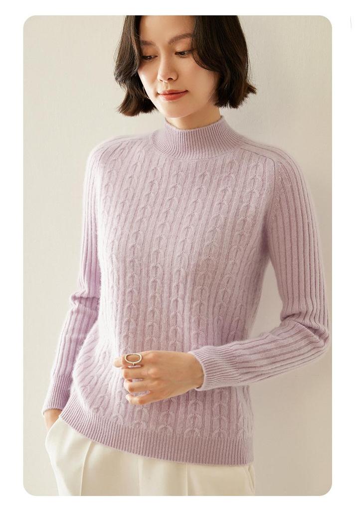 Slim-Fit Women's Cashmere Cable-Knit Half-Turtleneck Sweater - 2024 Autumn/Winter Retro Style