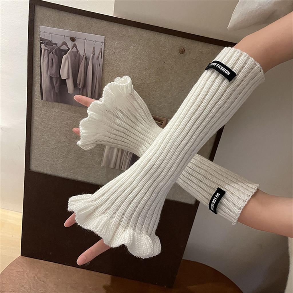 Winter Knit Trumpet Edge Trim Long Sleeve Arm Warmer Women Fingerless Gloves Thicken Outdoor Cycling Skiing Gloves