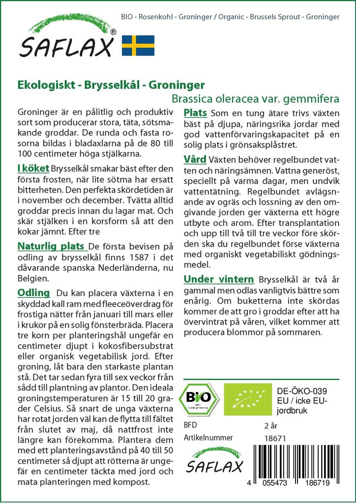 SAFLAX Garden in the Bag - Органический - Брюссельская капуста - Гронингера - 30 семян - С субстратом в подходящем стоячем пакете - Brassica oleracea