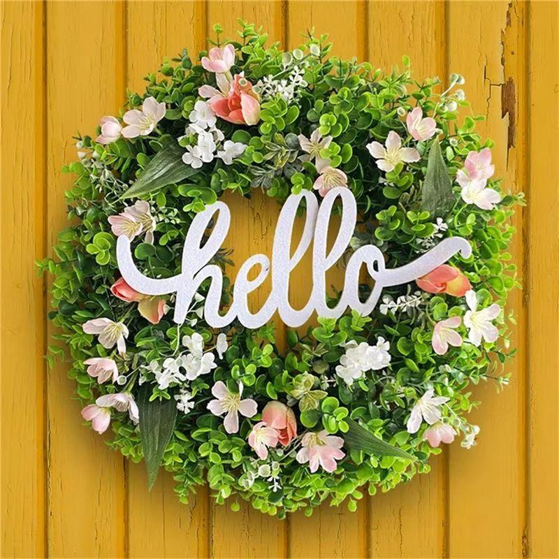 AAAF Венок с алфавитом Зеленые искусственные венки со знаком Hello Цветочный венок для входной двери стены окна Праздничный венок