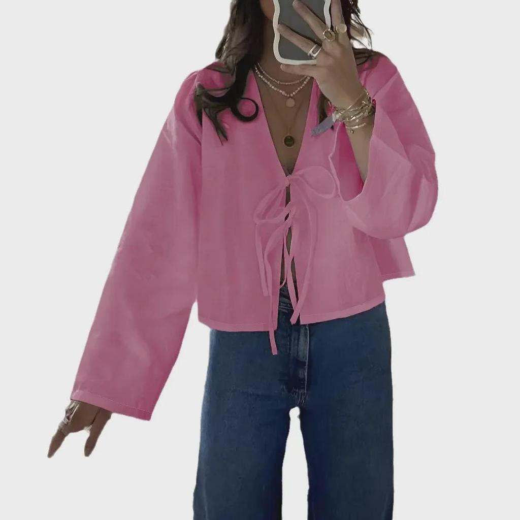 Женская рубашка Commuter Shirt с длинным рукавом, V-образным вырезом, шнуровкой, однотонная