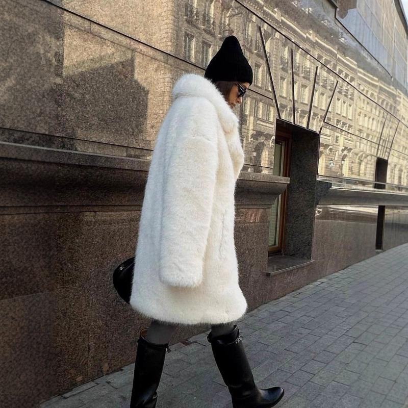 Женское пальто средней длины из искусственного меха, пиджак из искусственного плюша с воротником-стойкой, экологичный мех лисы