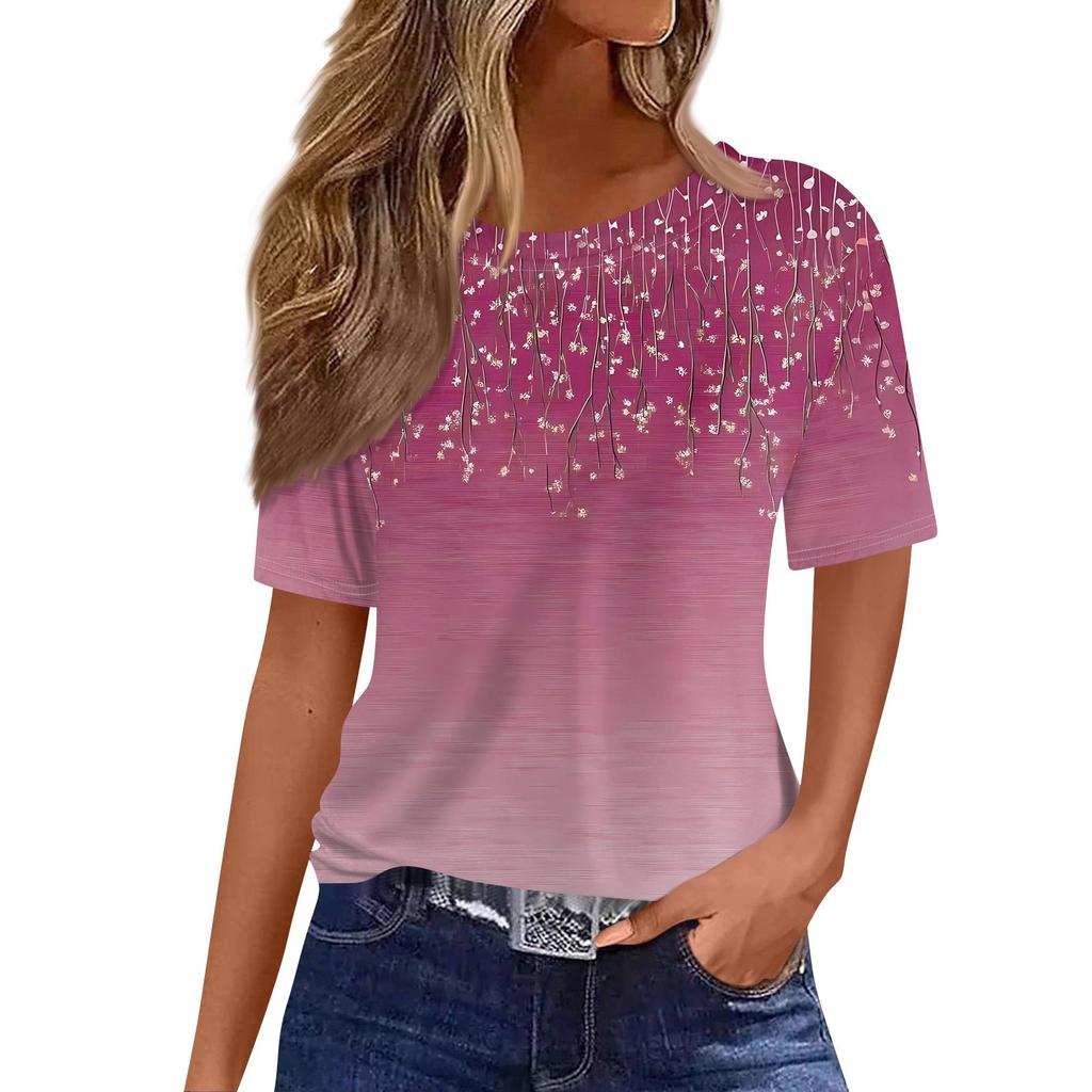 Women's Fashionable Casual Short Sleeve Print Round Neck Pullover Top