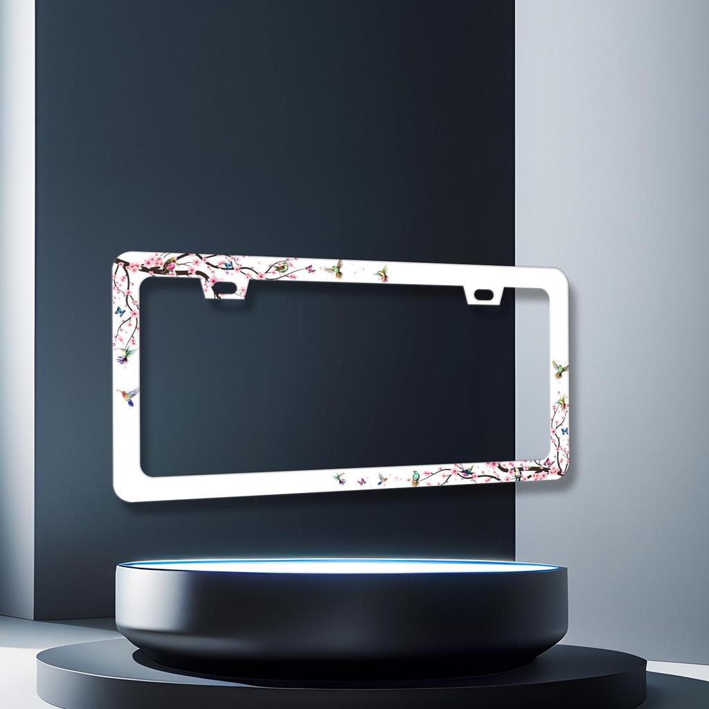 Рамка для номерного знака с колибри, цвет вишневого цвета, с цветами, держатель для номерного знака, цветная рамка для номерного знака для украшения автомобиля, птица из нержавеющей стали, для автомобиля