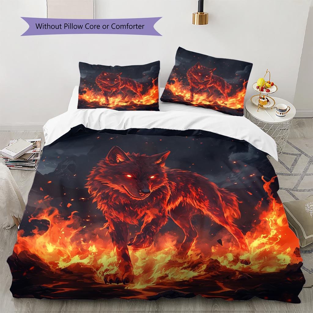 Flame Wolf Pattern Bedding Quilt Set Quilt Cover Pillowcase Home Decoration Gift (1 * duvet cover + 2 * pillowcase, without core)