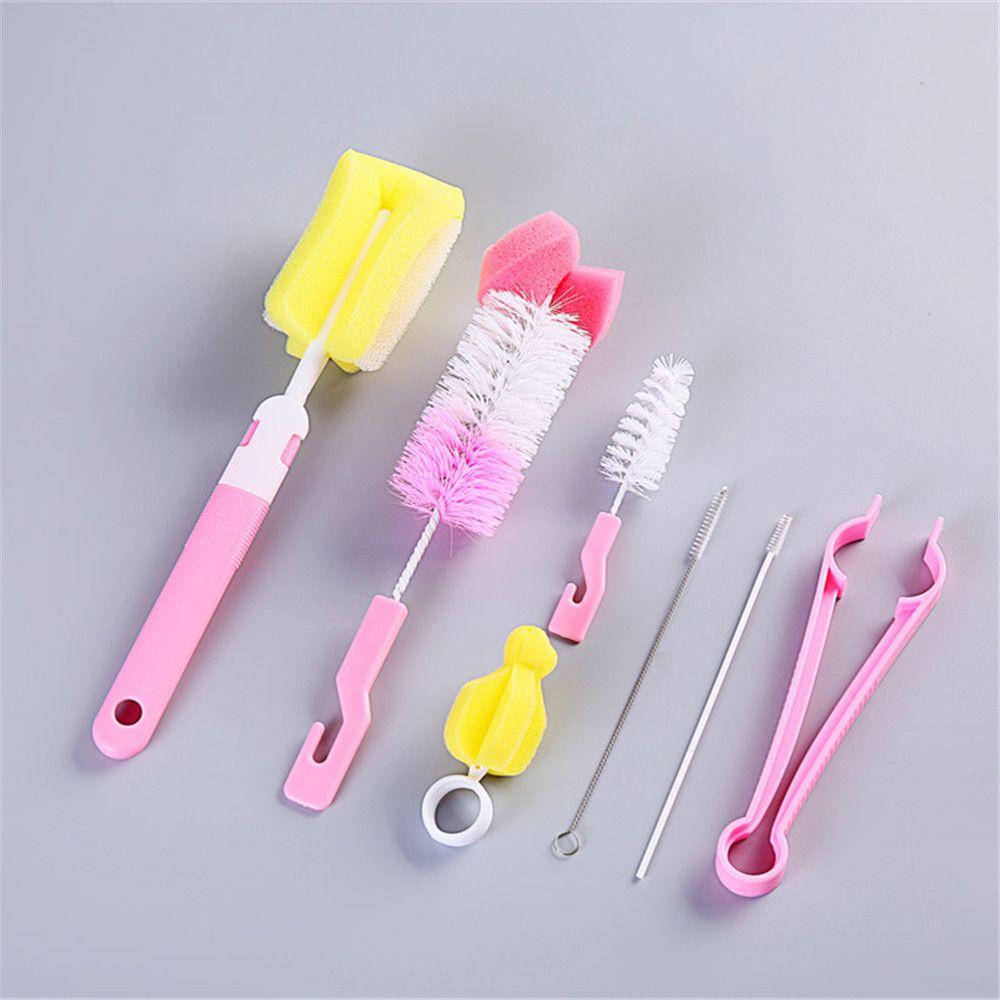 7pcs Head Spout Cup Washing Bottle Brush Baby Nipple Rotating Clean Sponge