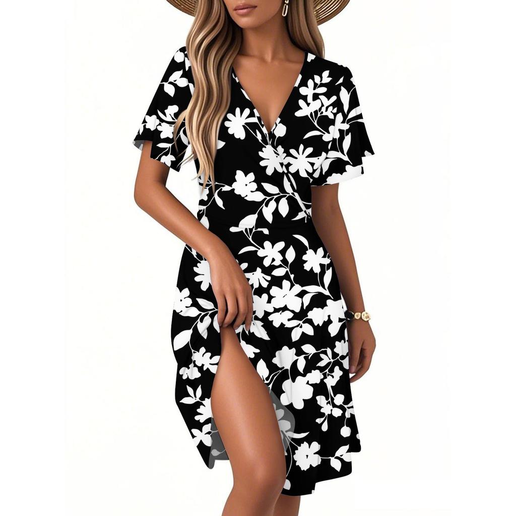 Женское повседневное модное платье с винтажным цветочным принтом и коротким рукавом и V-образным вырезом