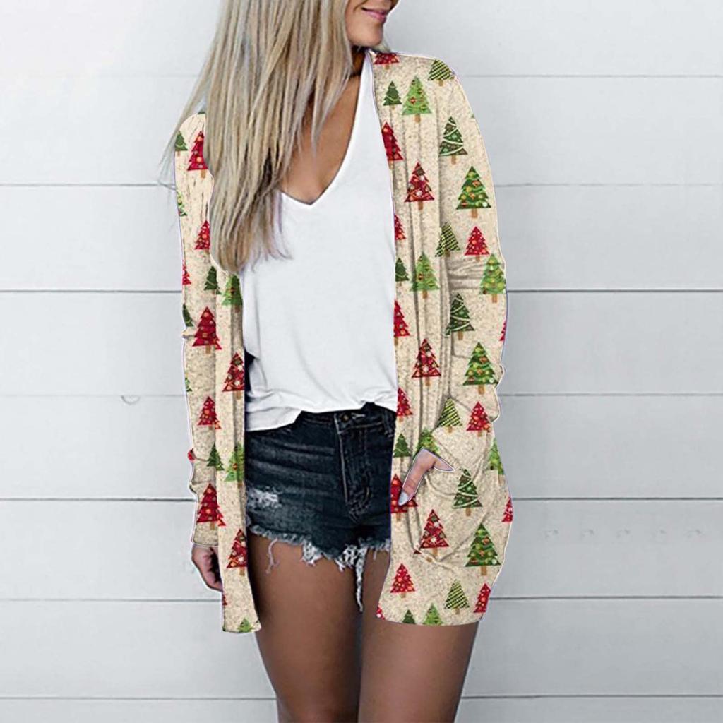 Женская мода, свободный повседневный карманный кардиган с рождественским принтом, куртки, топы