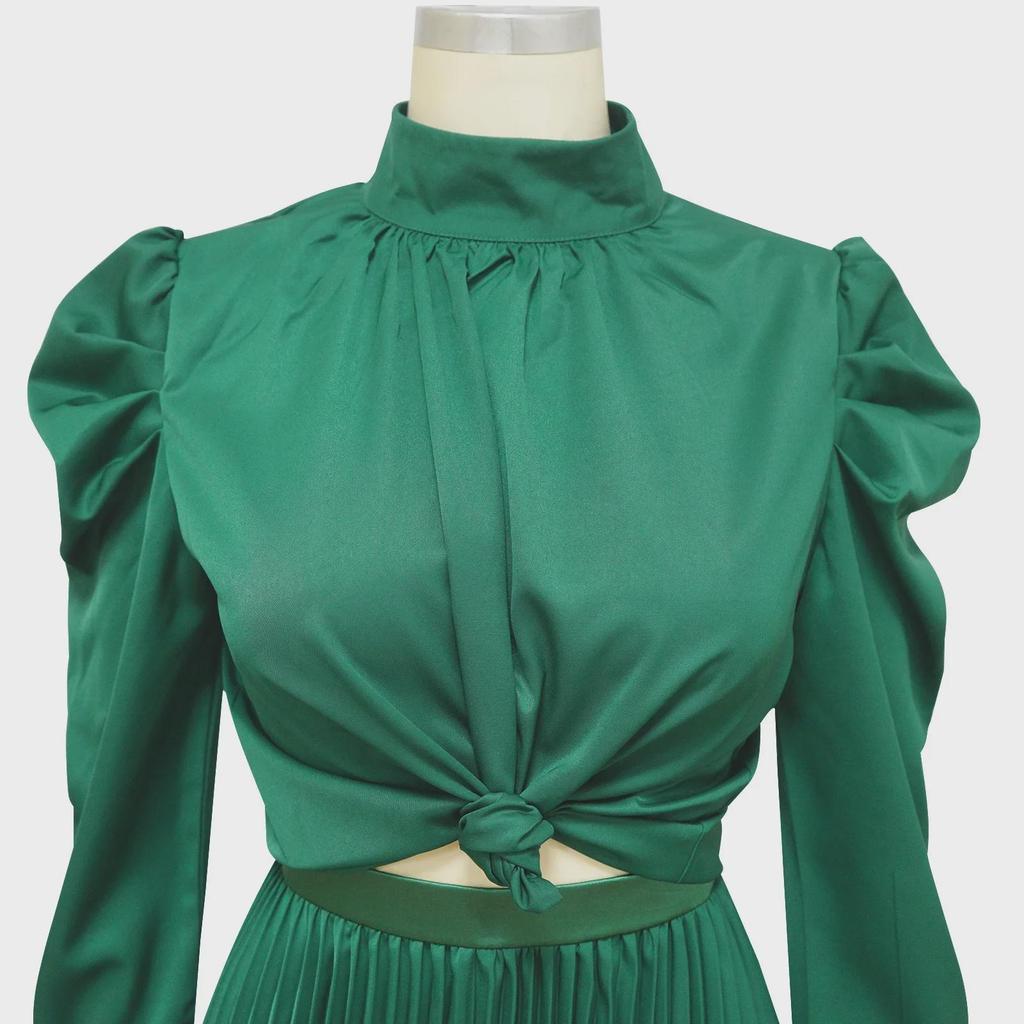 Autumn European & American Puff Sleeve Top with Ruffled Pleated Skirt Set.