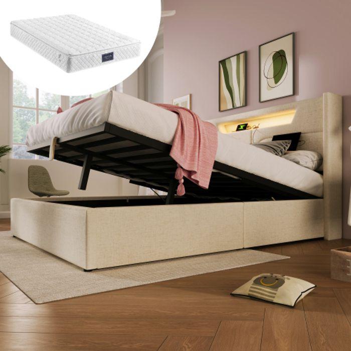 Lit junior 160x200 - Recharge USB Type C - Éclairage LED - Matelas inclus - Sommier à lattes