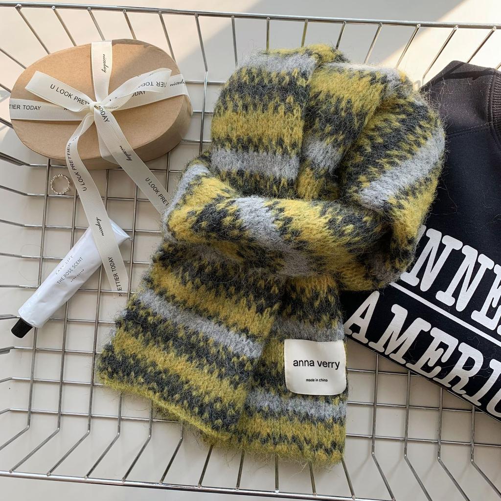 Color striped knitted scarf women's autumn and winter Korean version of high-end atmosphere versatile thickened warm scarf student