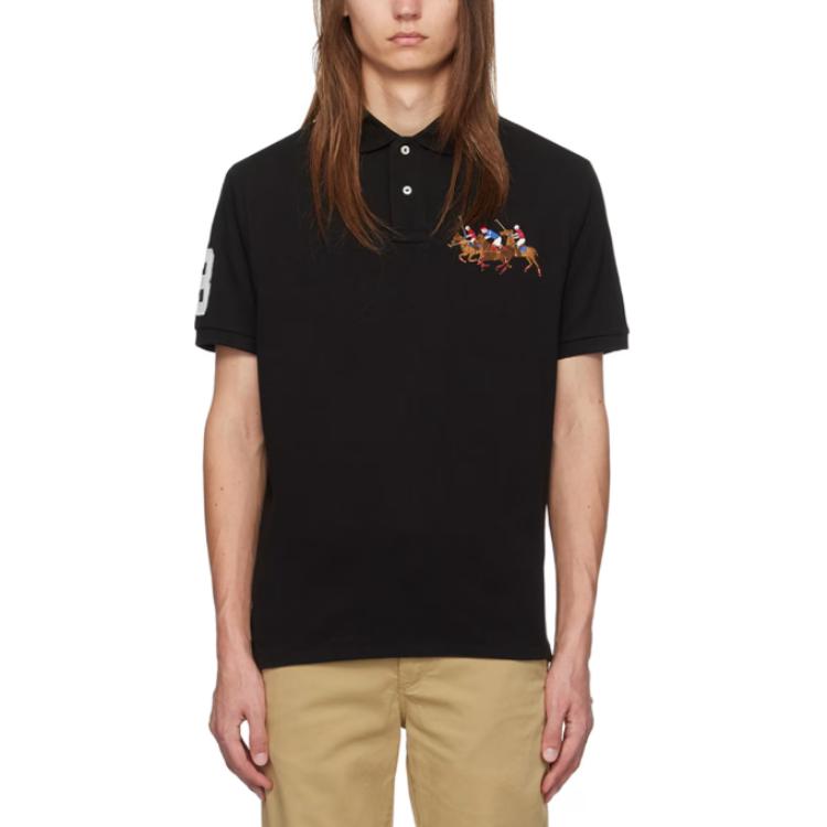 Polo Ralph Lauren Letter Knight Pattern Button Long Sleeve Polo Shirt Men tops Black 710814769-001