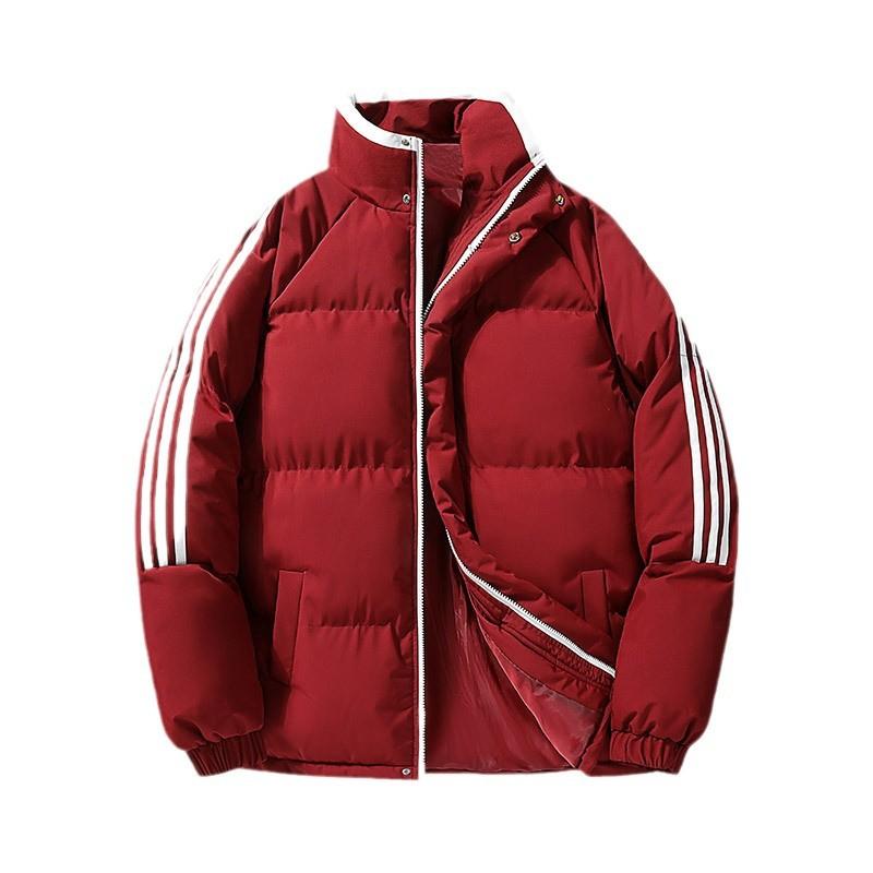 2024 зима новый однотонный ленивый воротник-стойка хлопковая одежда утолщенная теплая куртка три полоски студенческая хлопковая подкладка одежда