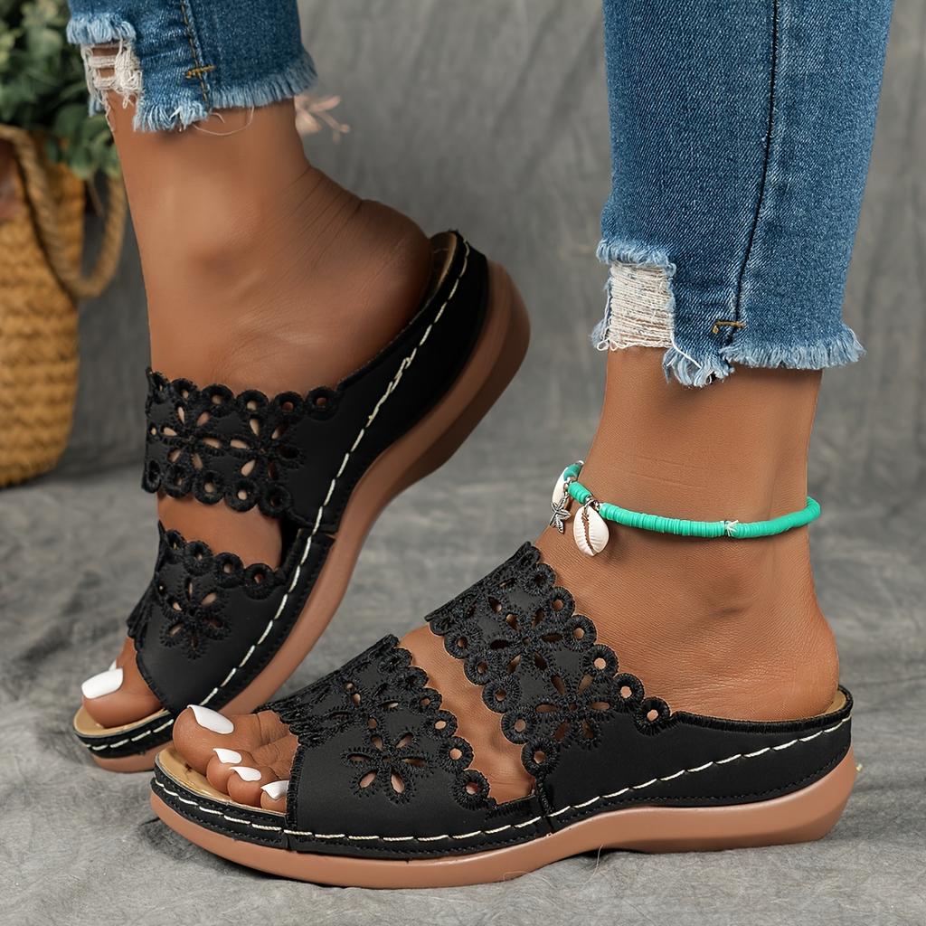 Women's Summer Sandals, Floral Cut-Out Design, Artificial Leather Slides, Casual Comfort Footwear, Non-Slip Sole