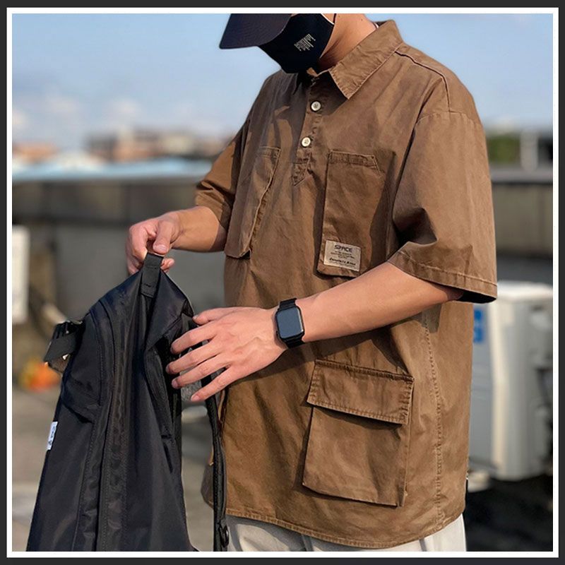 Летняя японская рубашка поло с коротким рукавом, футболка с воротником поло, мужской трендовый бренд, высококачественная рубашка с несколькими карманами, топ