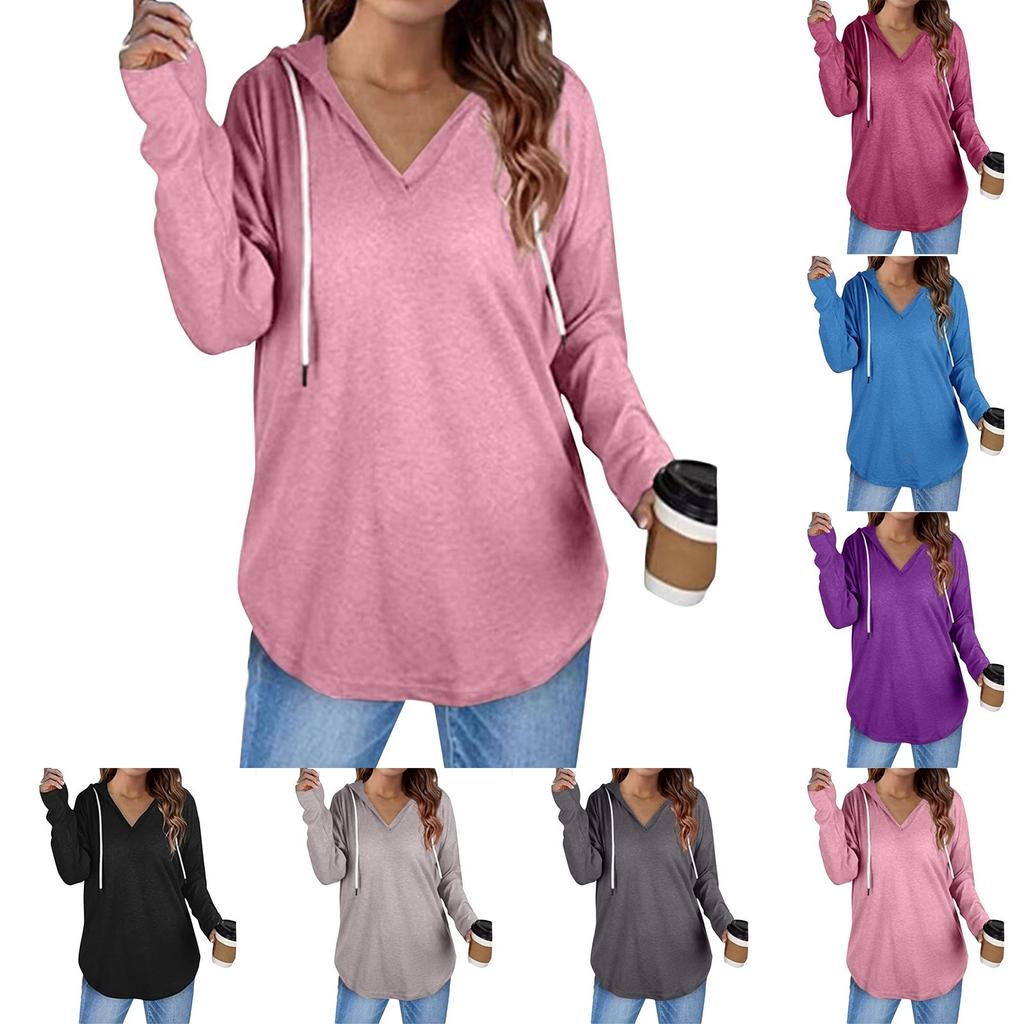 Women's Fashion Casual V-Neck Solid Colour Hooded Drawstring Long Sleeve Fitness Top