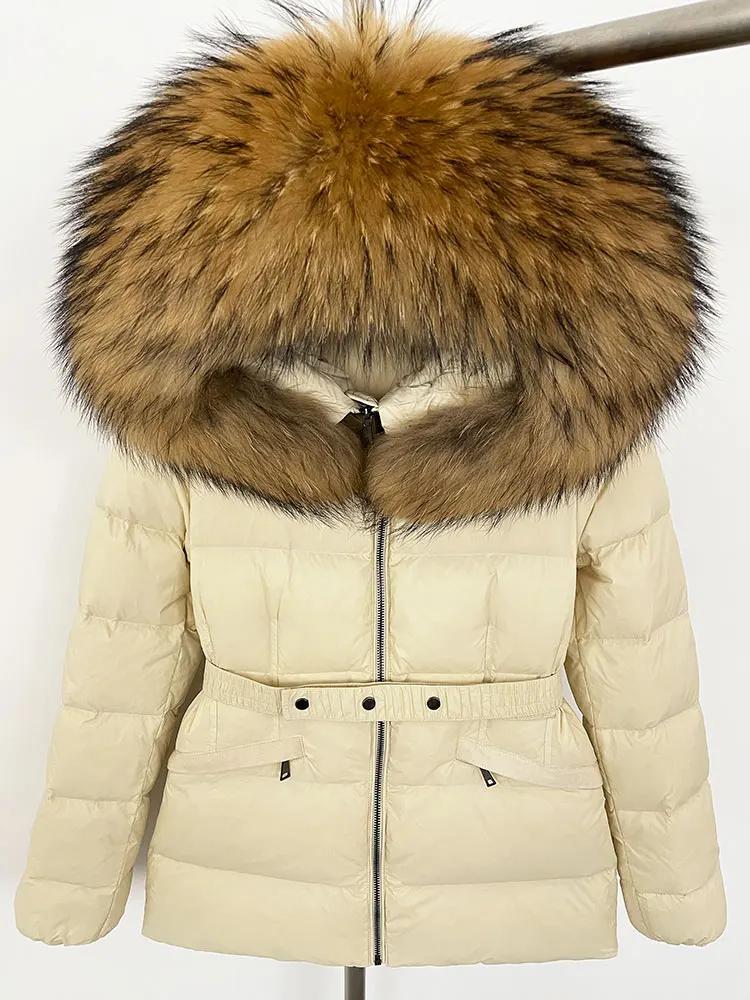 OFTBUY 2024 Winter Jacket Women Natural Real Raccoon Fox Fur Collar Hooded White Duck Down Coat Belt Thick Warm Casual Outerwear