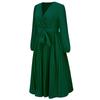 Spring and Autumn Women's Dress Solid Color Long Sleeve Slim Temperament Elegant Pleated Belt V-Neck Dresses